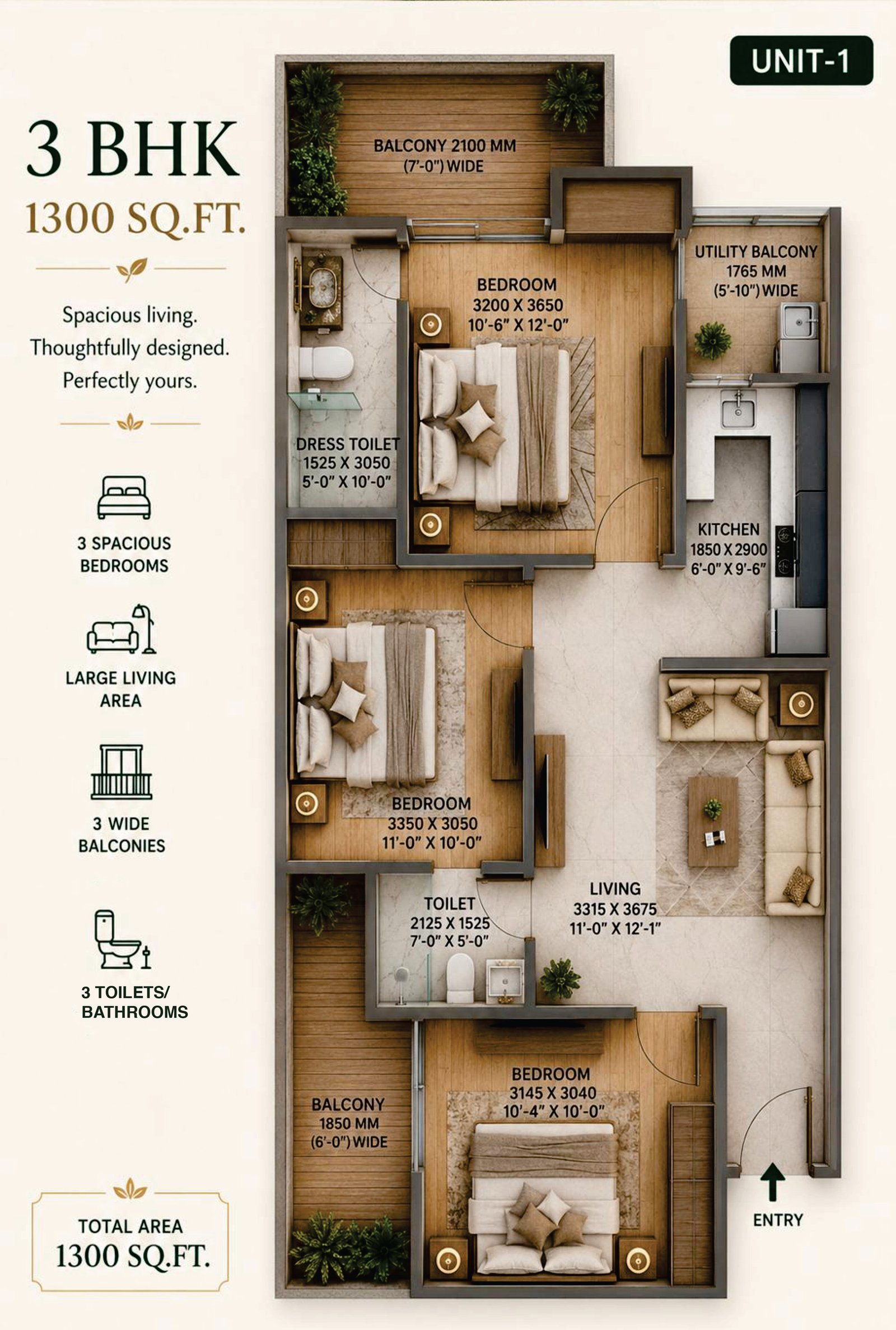 3 BHK + 2T Floor Plan